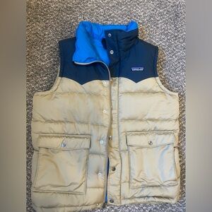 Patagonia Down Vest Men’s Camping Insulated Blue Tan